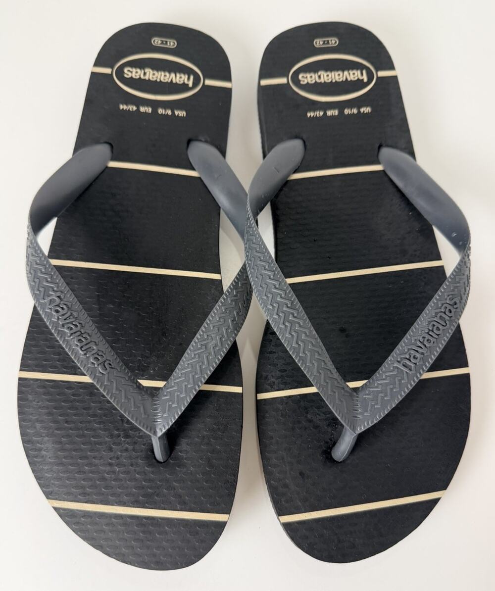 HAVAIANAS Mens Top Basic Print Flip Flops Black White Stripes US Sz 11/12